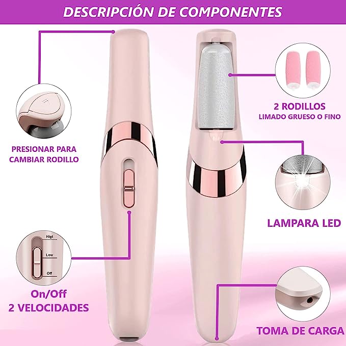Lima Eléctrica para Pies Resecos Conexión USB con 2 velocidades - Rodillos de Repuesto y Luz LED